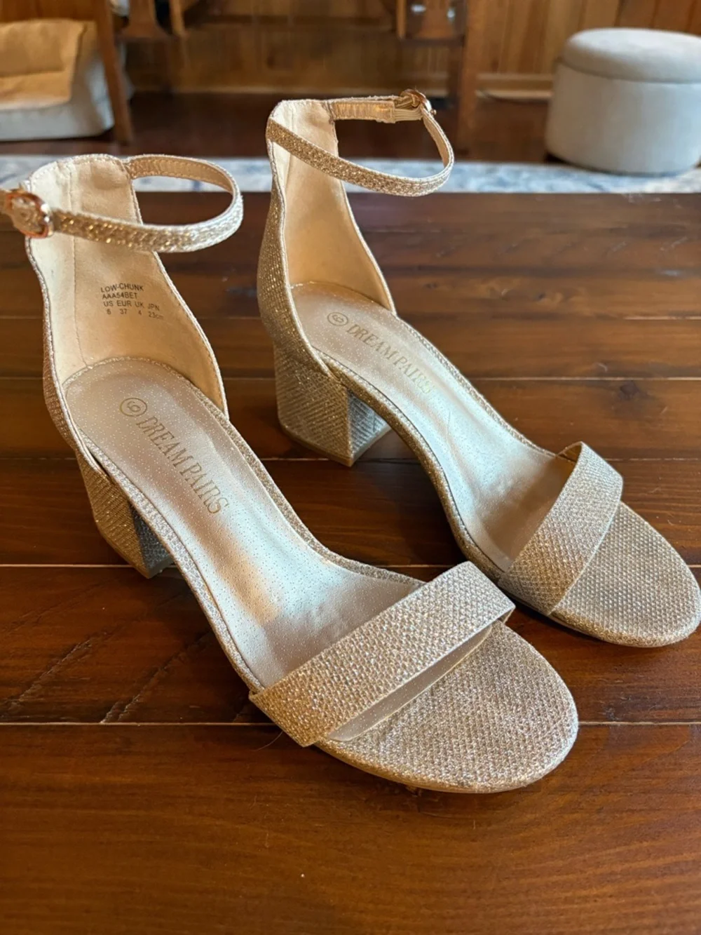Dream Pairs Glitter Ankle-Strap Block Heels - Sz 6 Champagne Gold, prom, formal